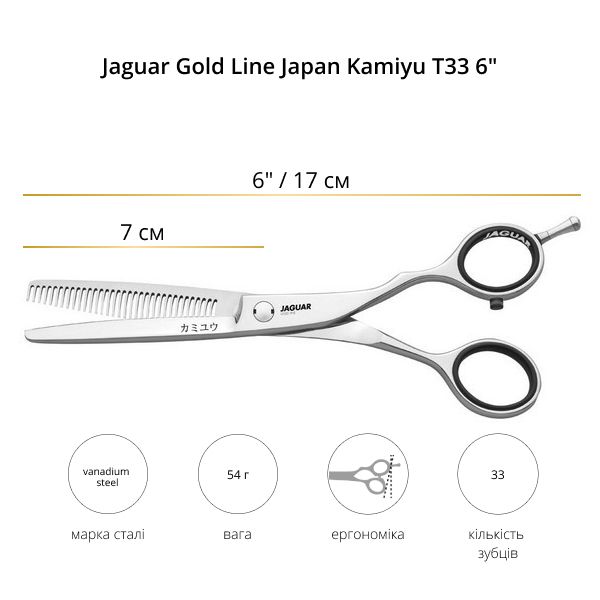 Технические данные Ножницы филировочные Jaguar Gold Line Japan Kamiyu T33 6.0